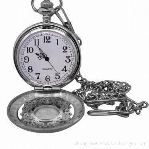 Classic Silver Tone Skeleton Quartz Pocket Watch For Men's with Free Chain Rare Gift